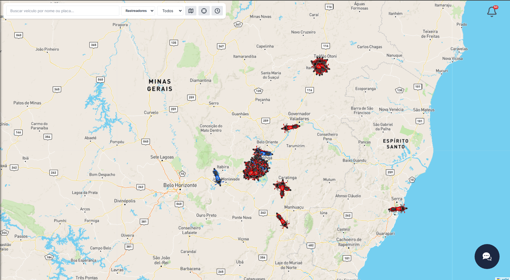 Mapa próprio da ADAGO com veículos distribuídos por Minas Gerais e Espírito Santo