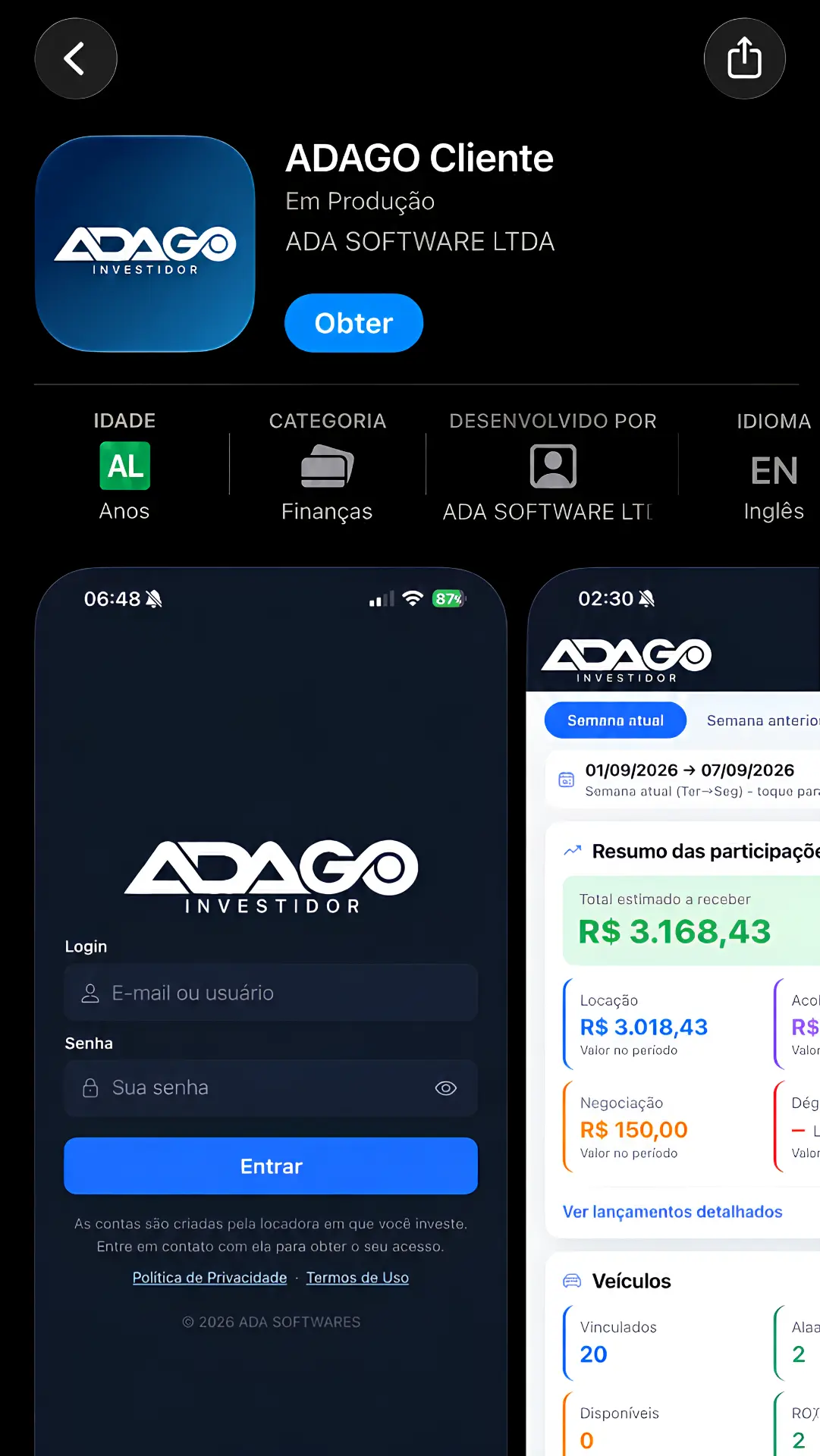 Aplicativo ADAGO Cliente disponível na App Store, com telas de login e resumo das participações